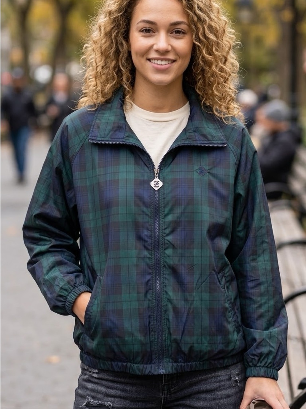 Jerzees Green and Navy Plaid Bomber Jacket
